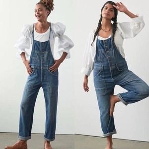 Althropologie Pilcro Letterpress Distressed Button Front Overalls Denim 28